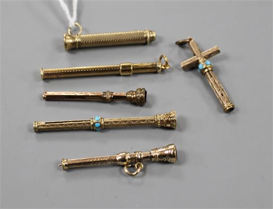 A 9ct gold cased propelling toothpick, two other yellow metal toothpicks and three yellow metal and gem set propelling pencils.